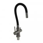 Смеситель для кухни, гибкий ЧЕРНЫЙ излив, шаровый, с двойным выпуском воды для фильтра, корпус из нержавеющей стали марки SUS 304, цвет ГРАФИТ.