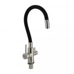 Смеситель для кухни, гибкий ЧЕРНЫЙ излив, шаровый, с двойным выпуском воды для фильтра, корпус из нержавеющей стали марки 304, цвет САТИН.