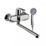 Смеситель для ванны с длинным, плоским изливом, шаровый, с дивертором м/к на корпусе, цвет ХРОМ.