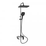 Смеситель + стойка душевая "тропический душ" с двумя квадратными лейками, из алюминия, прямоугольный корпус с поворотным изливом, переключение режимов на стойке, цвет ГРАФИТ .