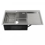 Мойка врезная 80х50 см, ЛЕВАЯ, толщина 3,0 х 0,8 мм, глубина 200 мм + большой сифон с переливом + корзина